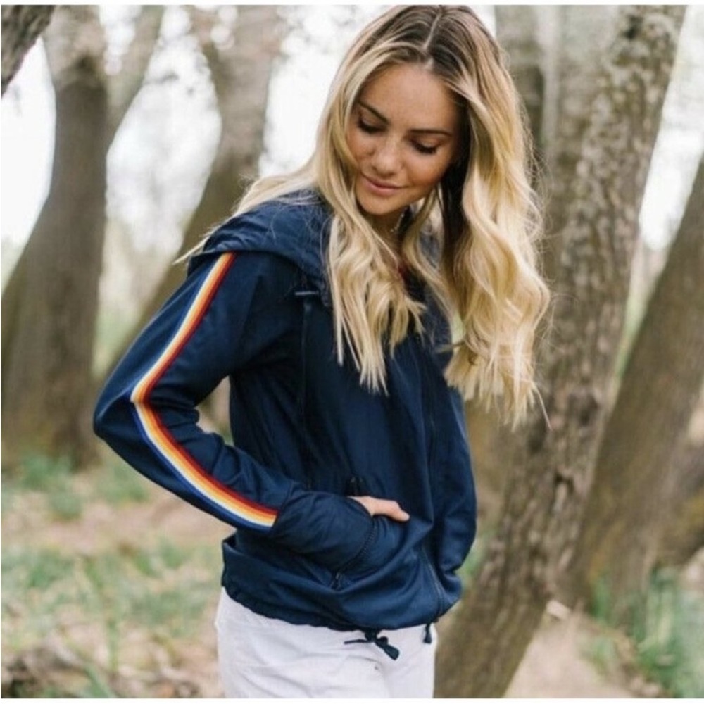 ZYIA Navy Bomber Jacket with Vibrant Sleeve Accents